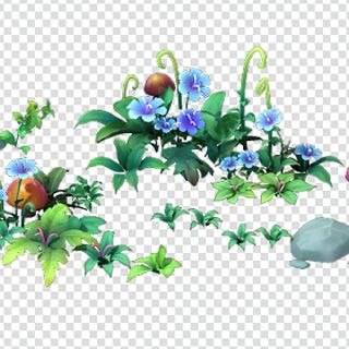 兰色小花和青草、小蘑菇，矮小的灌木